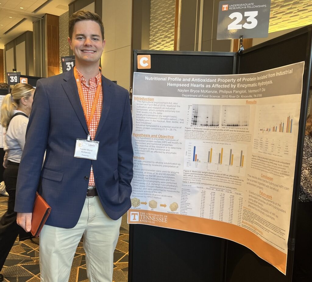 Bryce Mckenzie next to a poster for his project titled "Nutritional Profile and Antioxidant Property of Protein Isolated from Industrial Hempseed Hearts as Affected by Enzymatic Hydrolysis"