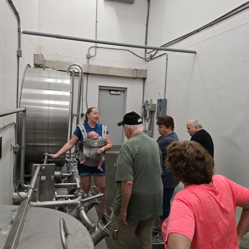 Liz Eckelkamp holding a baby and showing people dairy equipment