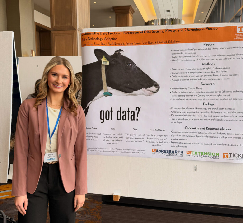 Skylar Baird stands by a presentation poster with a cow's head and the text "got data?". Logos for entities like UT AgResearch, UT Extension, and Tickle College of Engineering can also be seen on the poster.