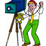 Caricature of man shooting picture with old time camera
