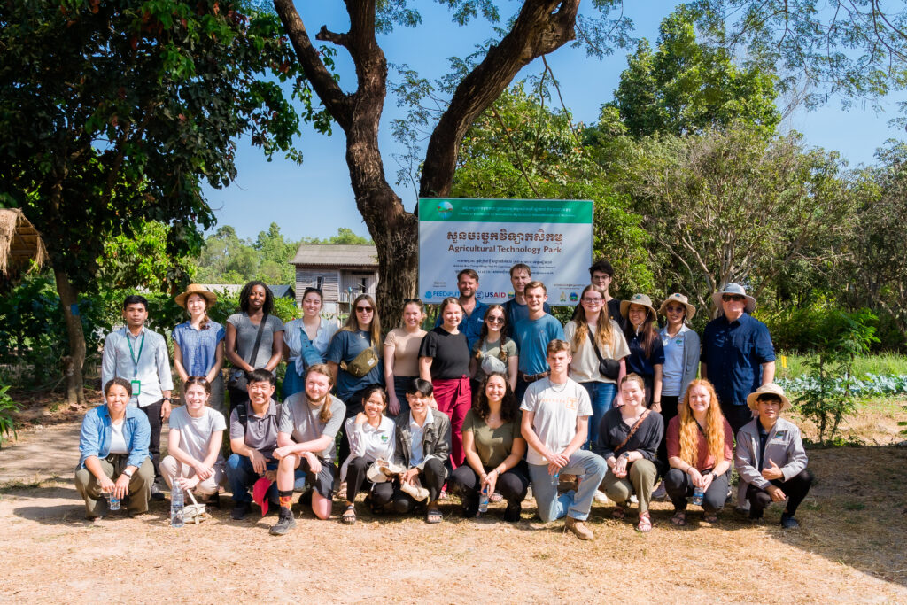 Katie Collins with a group at the Agricultural Technology Park in Cambodia