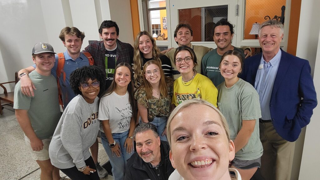 Dean of Students Advisory Council group selfie with Dean White and Associate Dean Stier