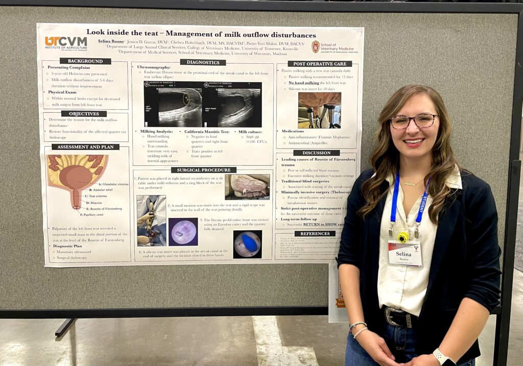 Selina with a poster presentation titled Look Inside the Teat- Management of Milk Outflow Disturbances