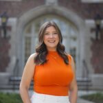 Cassie Johnson in front of Morgan Hall