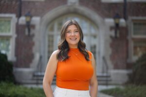 Cassie Johnson in front of Morgan Hall