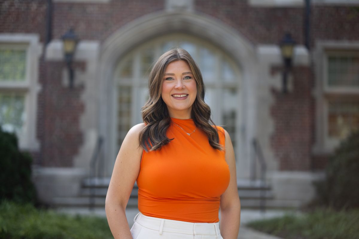 Cassie Johnson in front of Morgan Hall