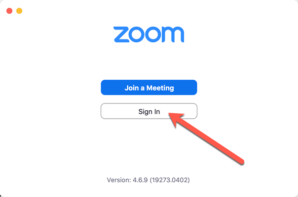 A screen capture showing the first log in screen of Zoom