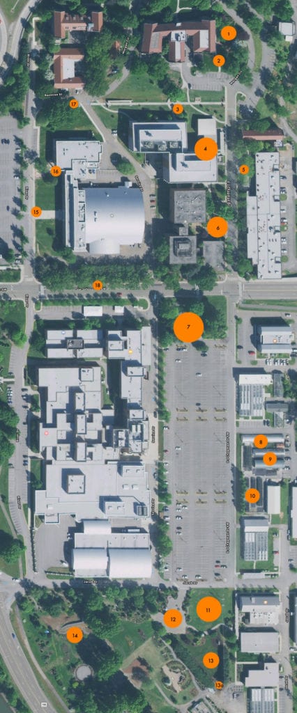 Map of the UTIA campus showing locations, indicated by orange circles and numbers, where outdoor wi-fi will be upgraded