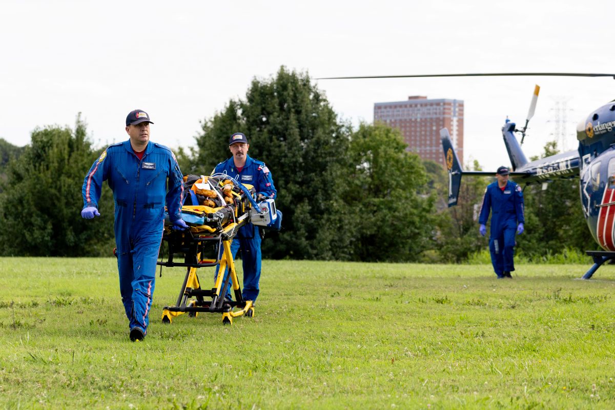 Simulated injured K-9 officer (stuffed animal) transported for treatment in emergency drill