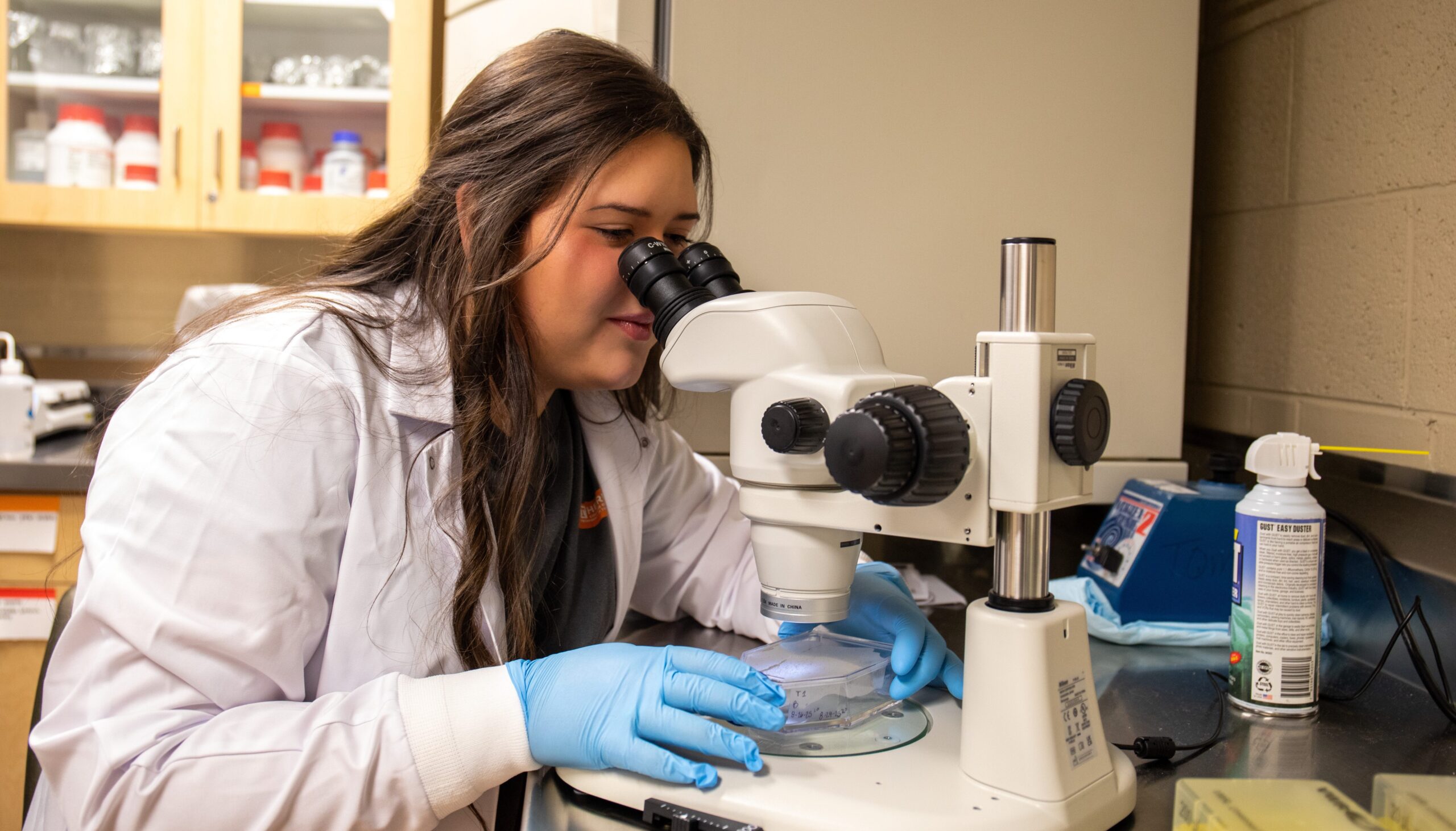 A student in a lab using a microscope