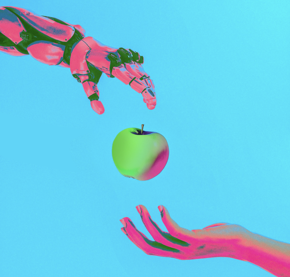 A robot hand dropping an apple into a human hand