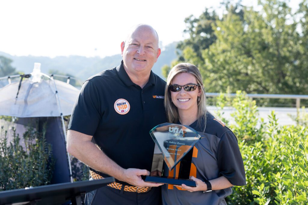 Keith Carver, Sr. Vice President and Sr. Vice Chancellor for UTIA, poses with Dr. Ashley Reeves, winner of the Horizon Award, during Ag Day 2025 in Knoxville, Tennessee on September 20, 2025. Photo by Raffe Lazarian / UTIA