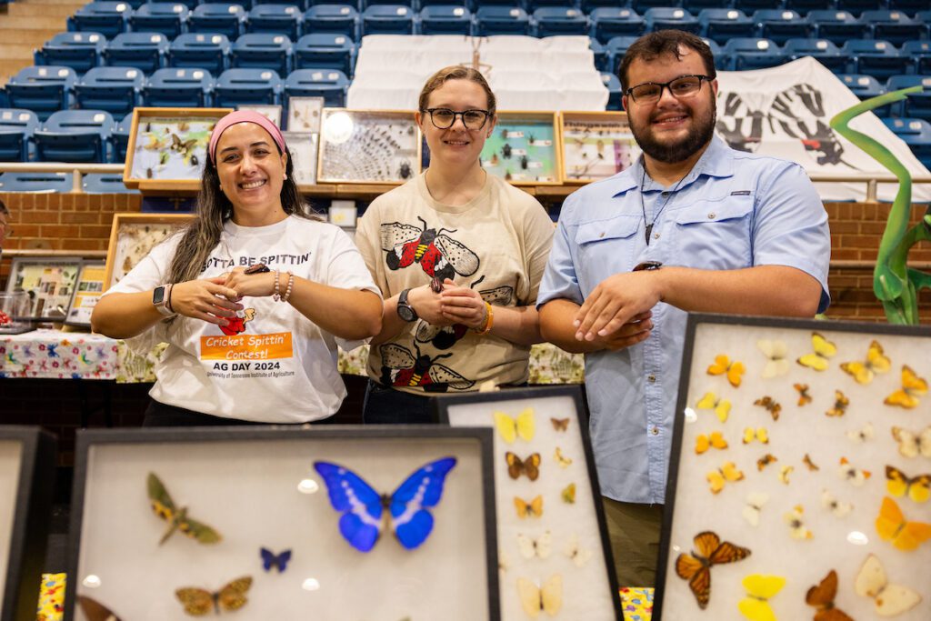 Entomology and Plant Pathology students hold insects at a booth at Ag Day 2025 in Knoxville, Tennessee, on September 19, 2025. Photo by Haley Harbin/University of Tennessee.